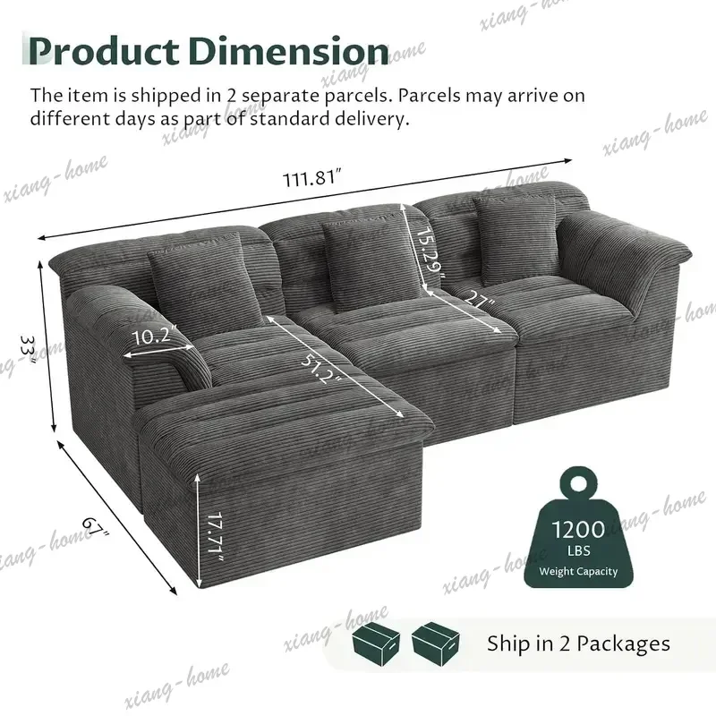 FG High Quality 112 Inch L Shaped Modular Cloud Compressed Sectional Sofa Deep Seat with Ottoman for Living Room