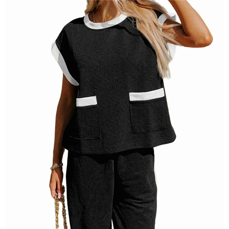 

ABRT-Women's 2 Piece Summer Lounge Set Outfit Short Sleeve Pullover Tops Wide Leg Long Pants Tracksuit
