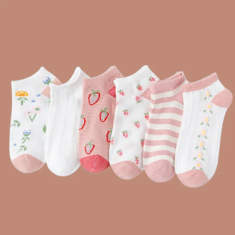 6/12 Pairs Women's Pink Strawberry Thin Socks Children Shallow Mouth Invisible Socks Cute Sweet Women's High Quality Boat Socks