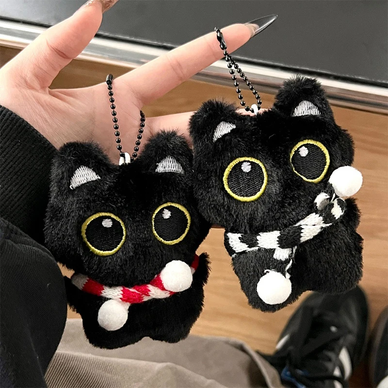 Cute Black Cat Squeaky Plush Doll Keychain Soft Stuffed Kitten Doll Keyring School Bag Pendant Decoration Valentine's Day Gift