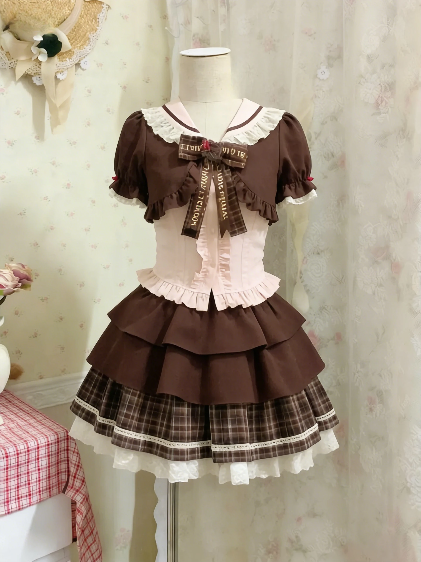 Japanese Sweet Three Piece Set Women Lace Bow Blouse + Cami Top + Plaid Ruffle Mini Skirt Y2K Vintage Kawaii Korean Chic Outfits view 6