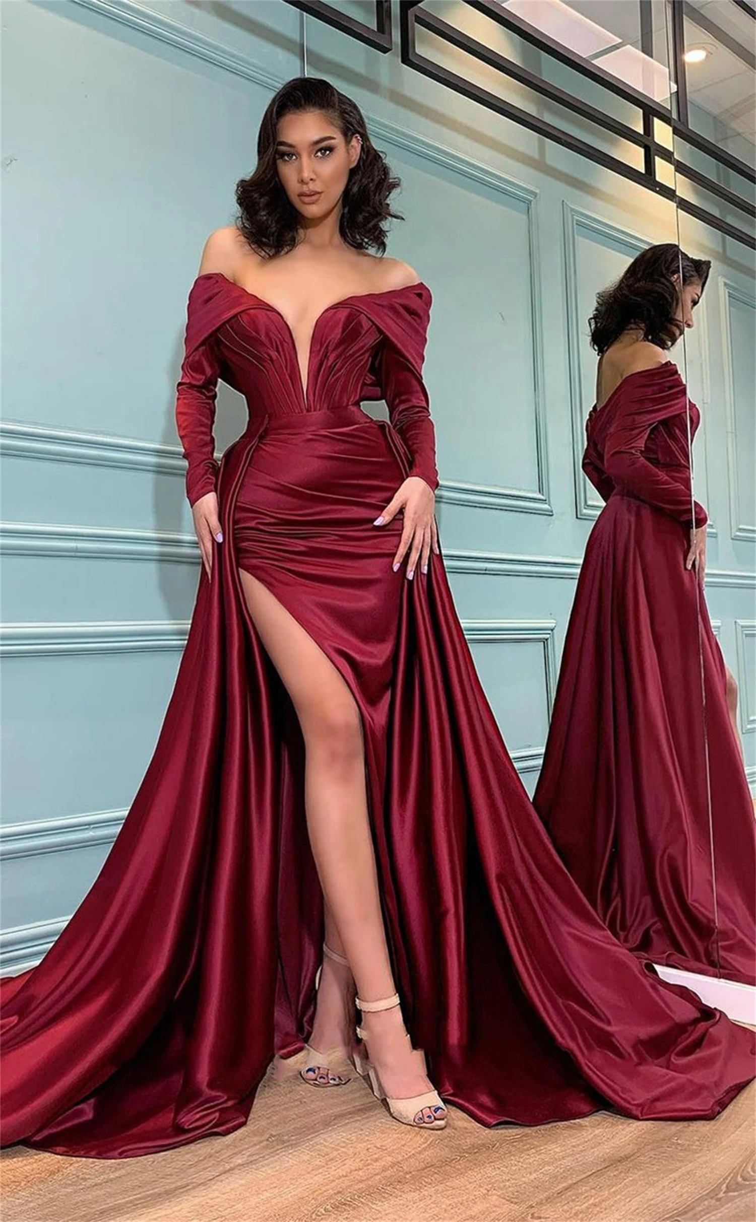 Evening Dress Gala Dresses Woman Customized for Party Dress Women Elegant Luxury Sexy Grace Mermaid Slit Deep Red Satin Prom