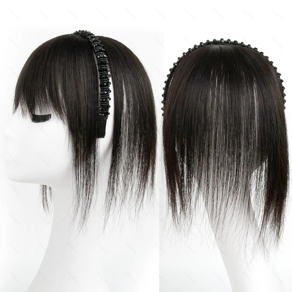 インスタント人毛ヘッドバンド前髪ウィッグ一体型本物の髪の毛トップカバー額と後頭部の白髪をカバー黒茶色