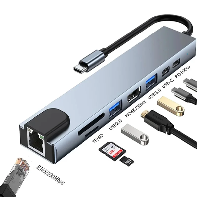 PD 100 واط شاحن 8 In1 نوع C USB C Hub الهاتف اللوحي المحمول إلى HDMI RJ45 USB 2.0/3.0 SD TF قارئ بطاقات محور كابل محول #4