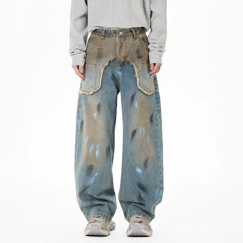 Refined Men's Wide Leg Jeans American Casual Minimalist High End Denim Distressed Paint Design Oversized Fit Pants