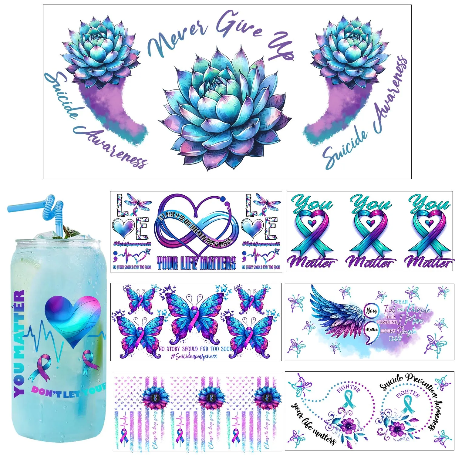 Suicide Prevention Day UV transfer waterproof Party DIY Decals 3D transfers uvdtf tumbler seal stickers 16oz uv dtf cup wraps