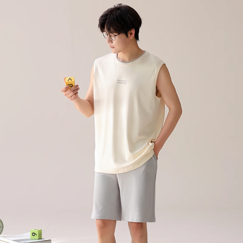 

MiiOW 2 Piece Set Sleepwear Large Size Youth Pajamas Nightwear Loungewear Summer Breathable Cotton Sleeveless Man Vest Homewear