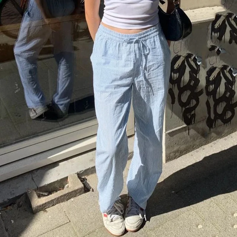 Pantalones informales a rayas con contraste de colores, pantalones de pierna ancha holgados, pantalones largos de punto de cintura alta para mujer, verano 2024 eBay transfronterizo