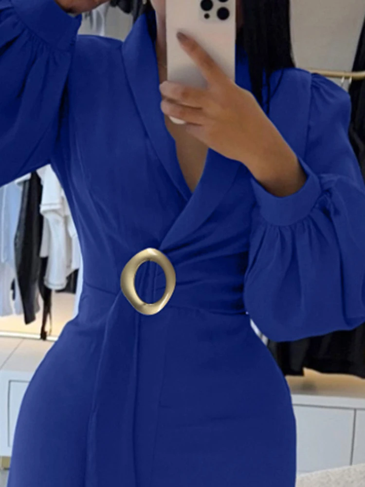 

Fashion High Waist Wide Leg Playsuits Overalls Elegant Lady Metal Buckle Lace Up Romper Temperament V-neck Long Sleeve Jumpsuits