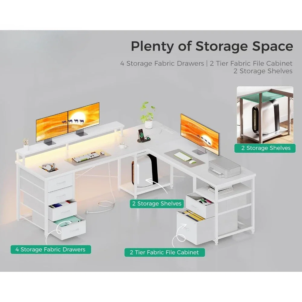 Escritorio para computadora en forma de L de 59" con archivador y 4 cajones de tela, escritorio para dos personas con luces LED y toma de corriente, mesa para juegos