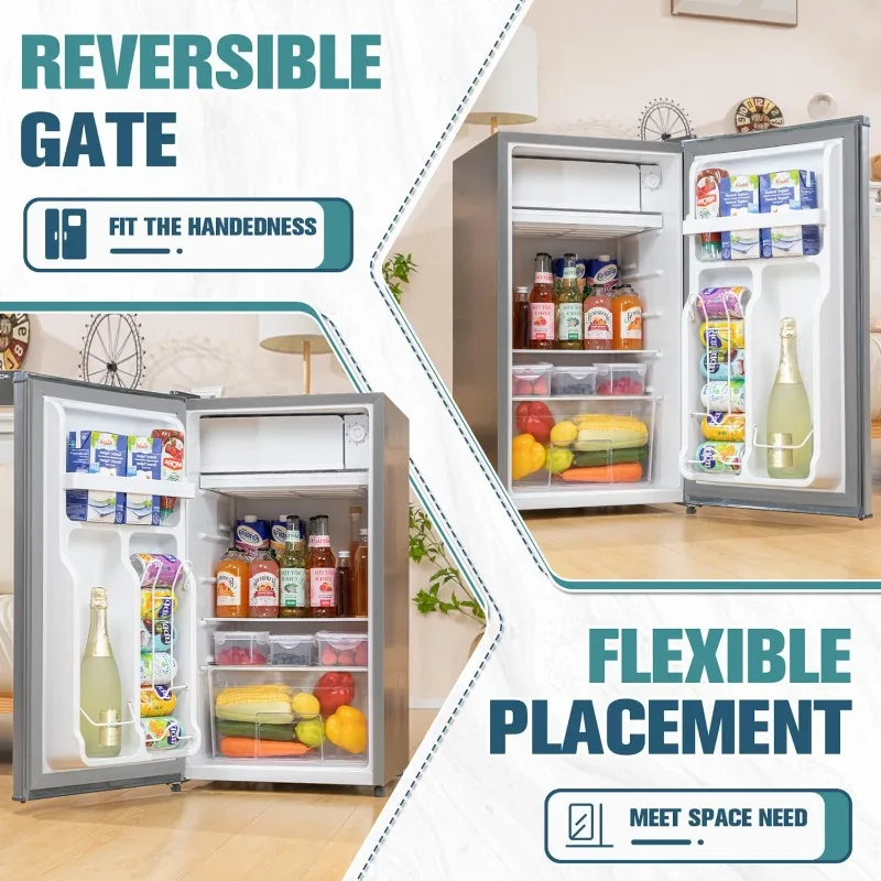 3.2 Cu.Ft Mini Fridge with Freezer, Single Door Mini Fridge, Adjustable Thermostat, Energy Saving Mini Refrigerator, Silver