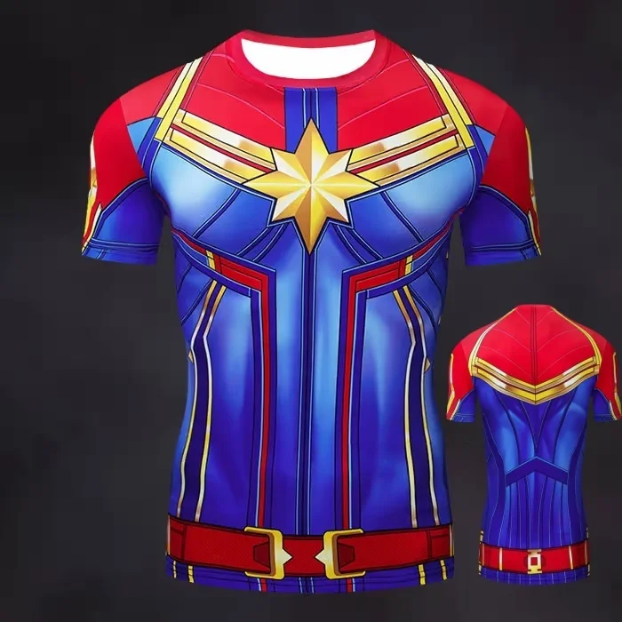 تي شيرت صيفي للرجال من COS Marvel Captain America ملابس تدريب اللياقة البدنية للبالغين والأطفال ملابس الوالدين والطفل