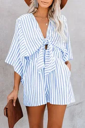 Sexy V Neck Long Sleeve Shirt Shorts Set Office Lady Summer Casual Print Lace Up Tops Pants Two Piece Set Women Outfit 2023