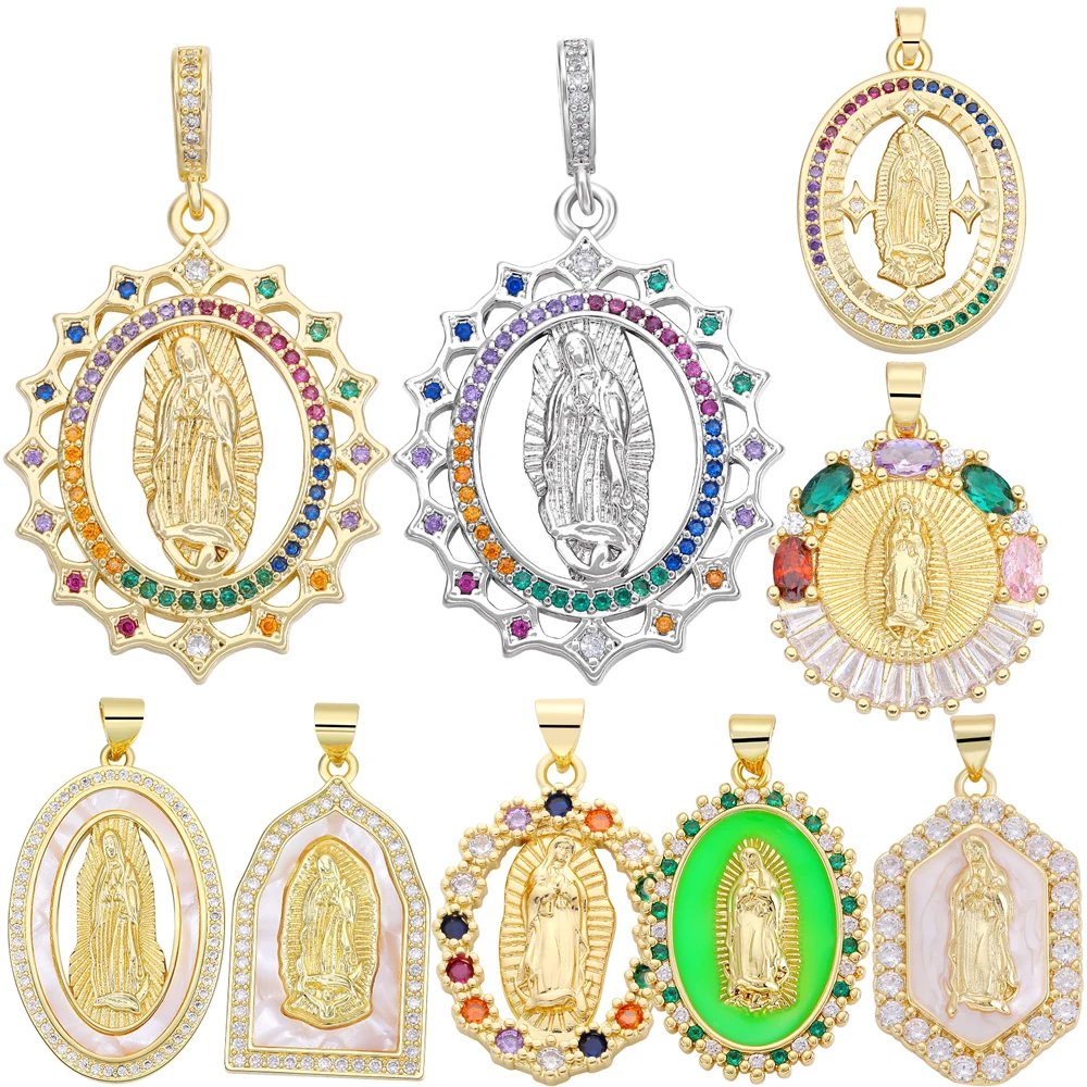 Juya Handicraft 18K Real Gold Plated Cz Paved Enamel Saint Virgin Mary Religious Charms For DIY Pendant Talisman Jewelry Making