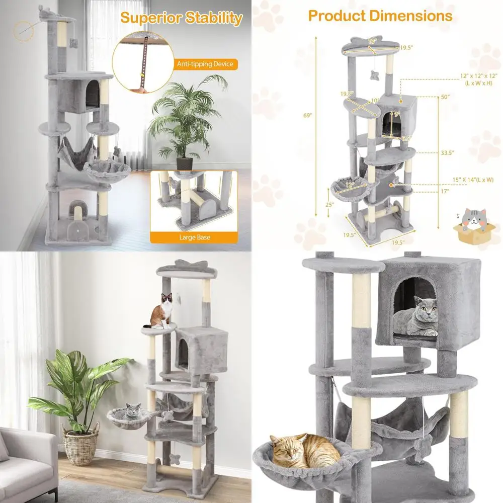 

69 Grey Indoor Cat Tower with Multi-Level Platforms, Sisal Scratch Posts, Beds, Hammock, and Toys