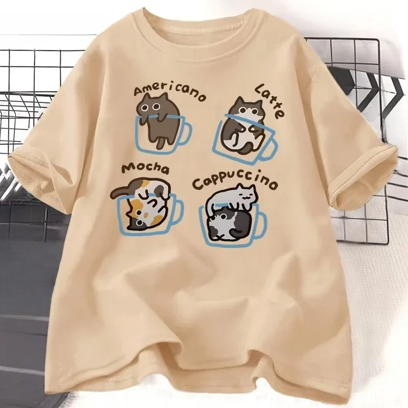 Unisex Cat Coffee Graphic T-Shirt Short Sleeve Cotton Summer Casual Work Tee Funny Printed Tops for Women Men Kids