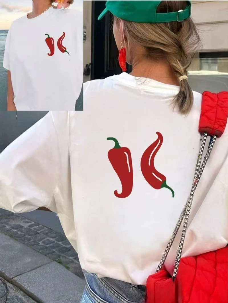 Chili Pepper Print T-shirt Women Casual Loose Streetwear Daily Wear Cute Double Sided Red Orange Hot Graphic Short Sleeve Tops