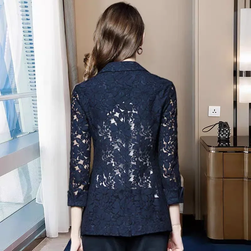 Women Lace Hollow Out Thin Blazers Elegant Single Button Long Sleeve Casual Suits Spring Summer New Fashion Oversized Blazers