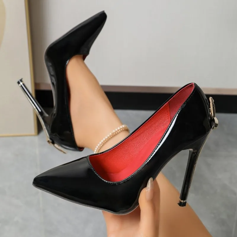 New High Heels Women's Fine Heels Pointed Metal Swords Sexy Queen Black Lacquer Leather Single Shoes