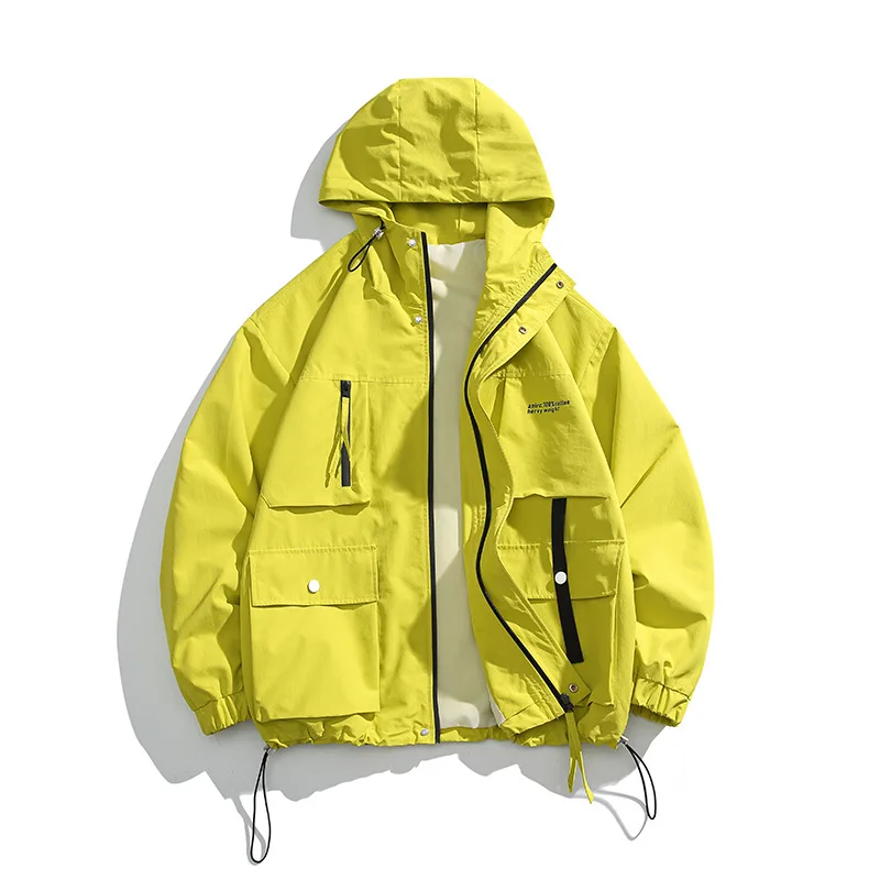 رجل الخريف معطف البضائع رسالة مطبوعة جيب سحاب أكمام طويلة الرجال مقنعين سترة موضة كبيرة الحجم الرياضة في الهواء الطلق الذكور ملابس خارجية