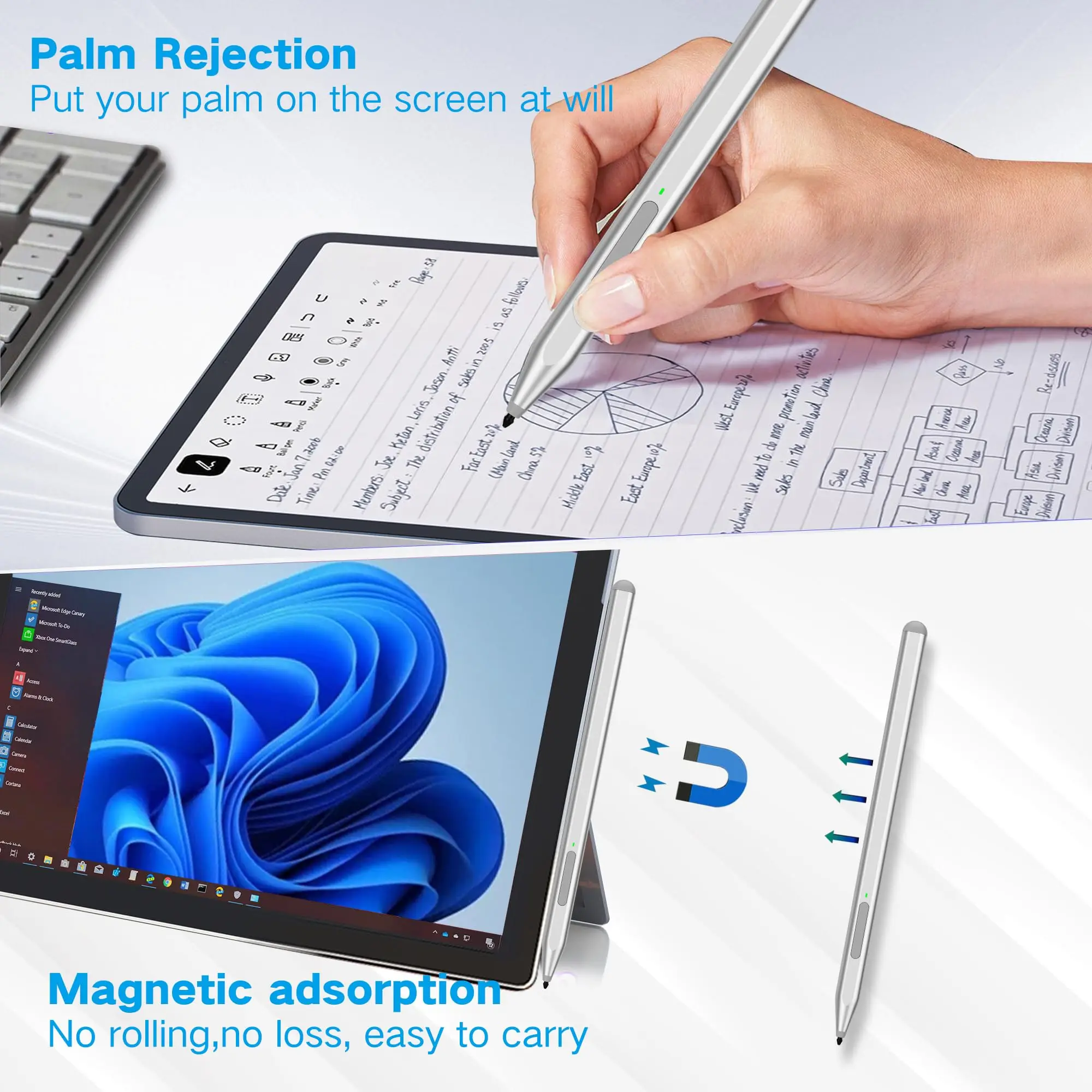 قلم ستايلس لجهاز Microsoft Surface Pro11/10/9/8/X/7+/6/5/4/3، Surface Go 4/3/2/1، Surface Laptop1-6/Studio/Book 3/2/1 مع ممحاة