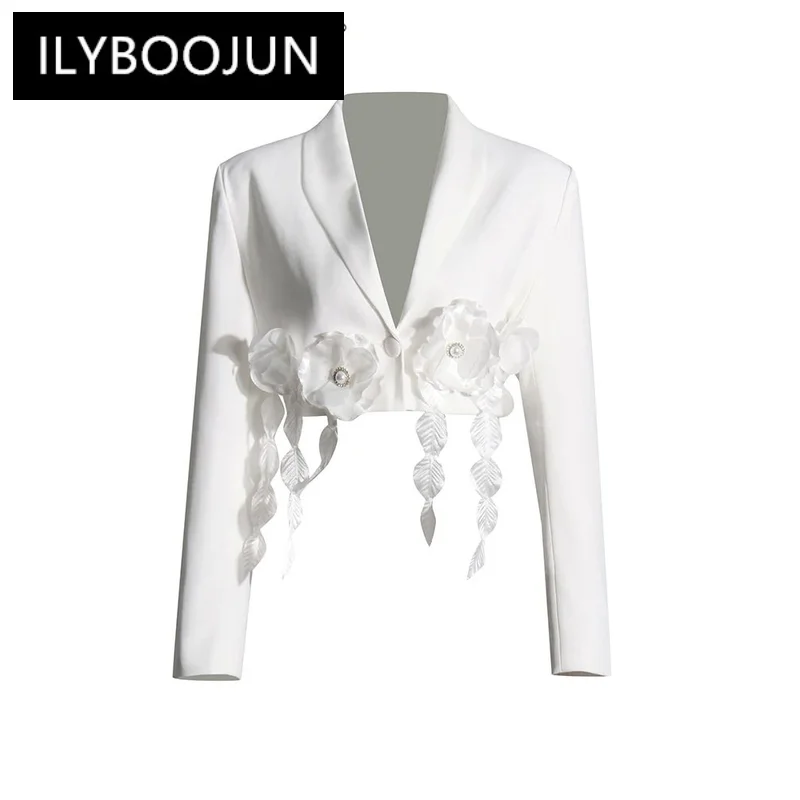 

ILYBOOJUN Solid Spliced Appliques Elegant Jackets For Women Lapel Long Sleeve Chic Slimming Short Coat Female Fashion Style