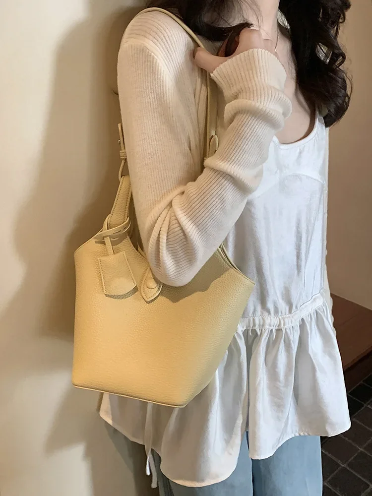 

Chio2nd Yellow Bucket Bag Women's Handbag Spring Summer Fashionable Small Crossbody Bag Neutral Minimalist Style PU Material