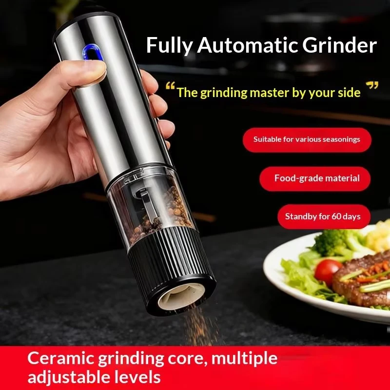 Electric Pepper Grinder Stainless Steel Adjustable Coarseness Rechargeable Automatic Spice Mill for Kitchen Home BBQ Cooking