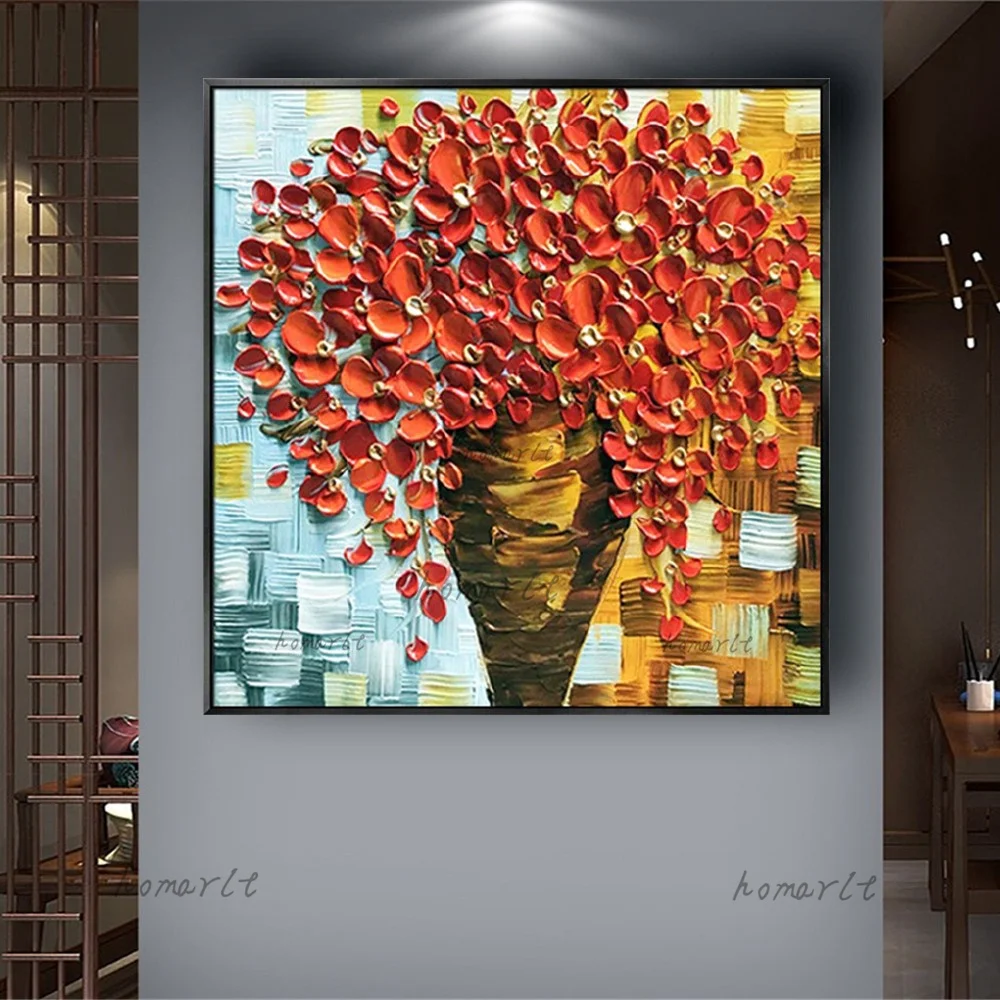 

Abstract Red Flowers Vase Oil Painting On Canvas Bouquet Beautiful Wall Art Picture Decoration Living Room Kitchen Home Decor