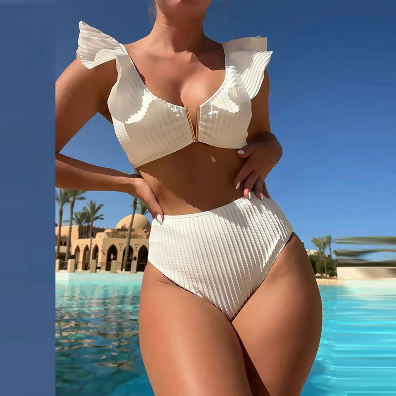 Woman Solid Color Lotus Edge Bikini Set Summer Sexy Deep V Striped Swimsuit 2025 Female Swimwear Hot Spring Beach Style Suit ﻿