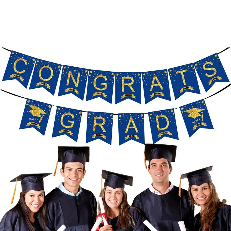 Blue And Gold Congratulations Graduates Banner Blue Graduation Pull Flag Graduation Decorations Class Of 2024, Blue Gold Banner