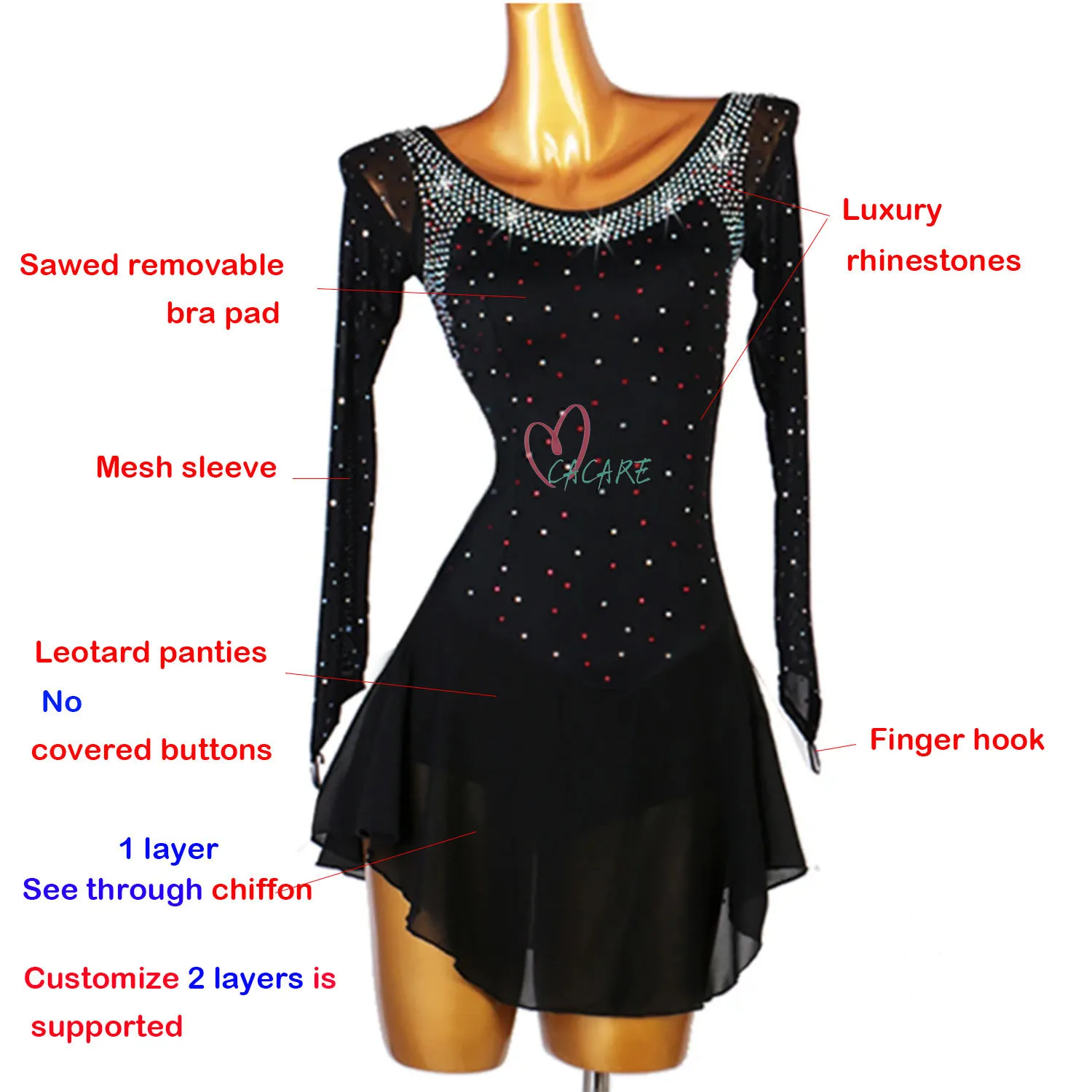 CACARE Jersey Figure Skating Dress Women Girls Competition Ice Hockey Skating Dresses Latin Dance Costumes Blazer Mesh D0873