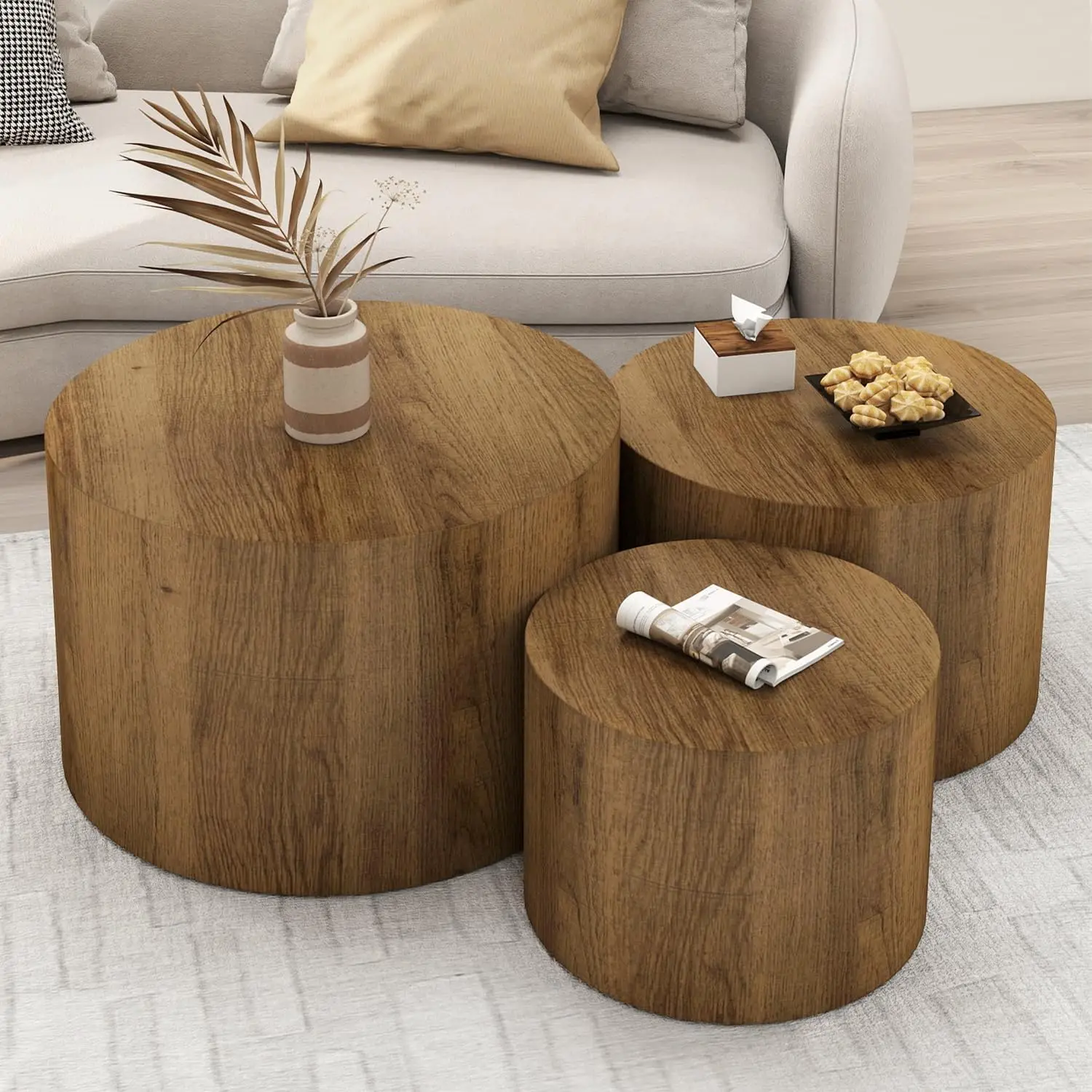 Nesting Coffee Table Set Of 3, Round Wooden Coffee Tables, Modern Circle Table For Living Room, Bedroom, Accent Side Table