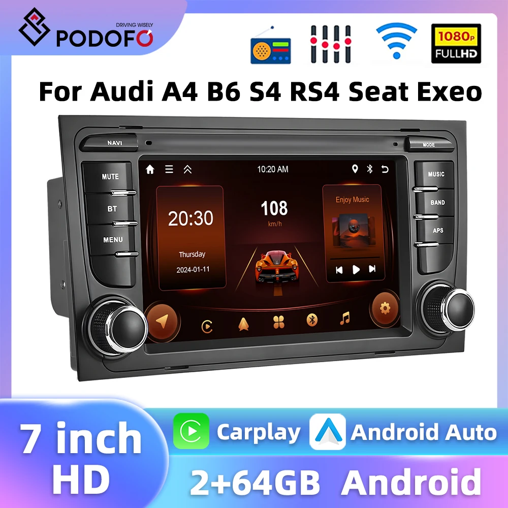 Podofo 7'' 2+64G Car Stereo For Audi A4 B6 S4 RS4 Seat Exeo Multimedia Player Carplay Android Auto GPS WIFI 4Core 2Din Car Audio