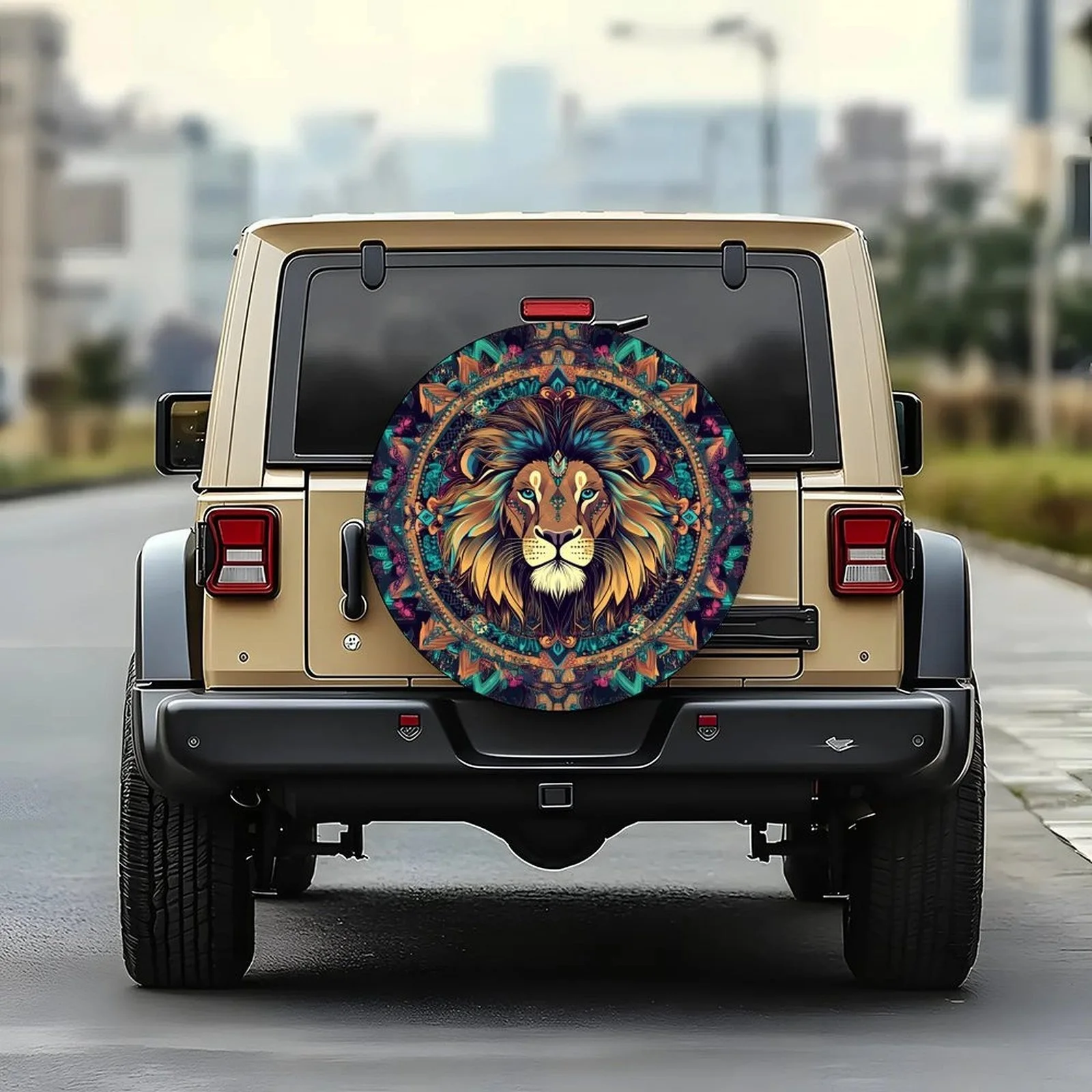 1pc Mandala Lion Themed Tire Cover Wheel Cover - Vibrant Lion & Geometric Design, Durable Polyester, Fit For Most Cars, Stylish