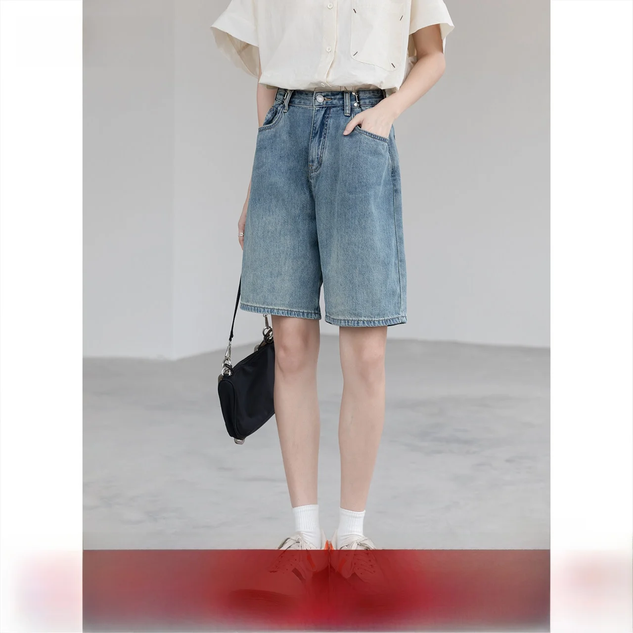 

High Waist Denim orts Women's Bule Fastening Five-Quarter Loose Wide Leg Jeans Summer New Sle Commute Sle Light Color
