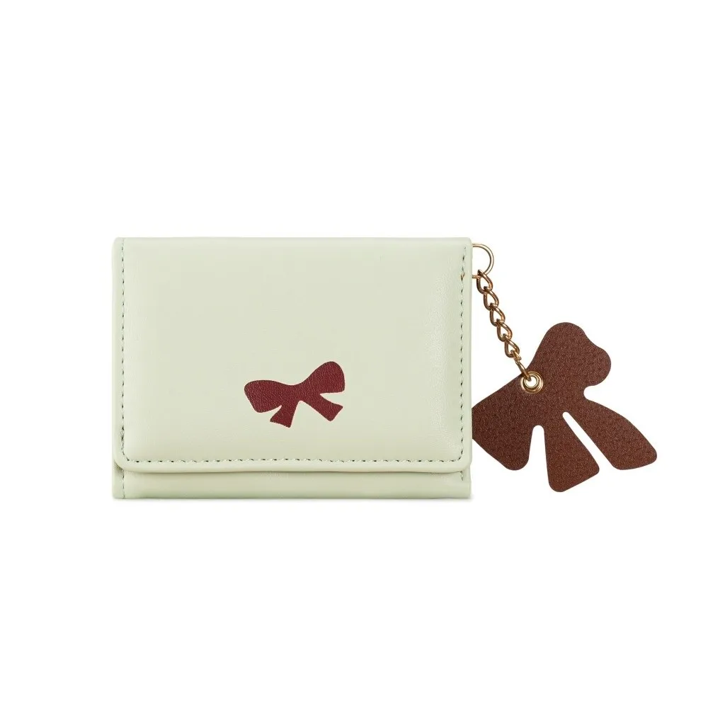 Portable Bow Card Holder Wallet Solid Color Waterproof Coin Purse PU Leather with Bowknot Pendent Three Fold Purse for Women