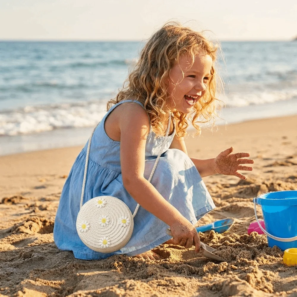 Creative Small Daisy Kids Straw Bag Woven Handmade Crossbody Bag Round Shape Shoulder Bag for Children Girls