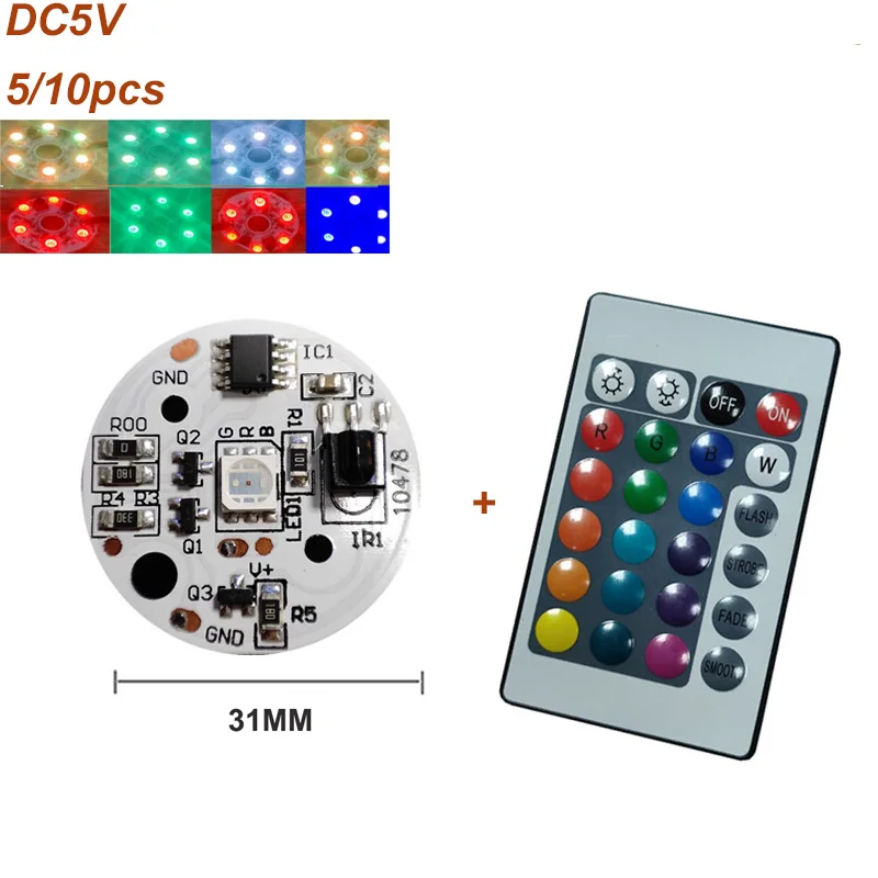 5/10 Set 5V RGB LED Lights Plate Linkage Control Colorful Source Wireless Remote Car LED Interior Ambient Light LED Beads Chip