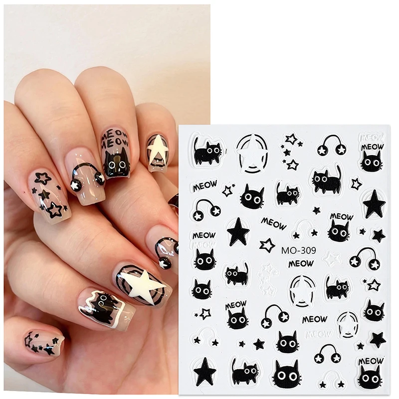 Kawaii Cute Little Cat Nail Stickers Cartoon Cat Stars Nail Stickers Graffiti DIY Nail Art Decoration Stickers Accessories