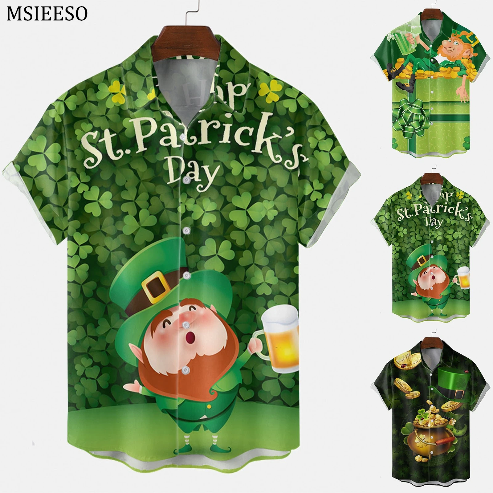 MSIEESO erkek gömleği Shamrock desen 3D baskılı St Patricks Da gömlek moda yaz kısa kollu erkek Streetwear Tops