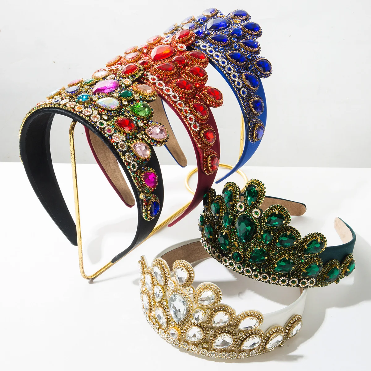 European and American Retro Court Style Solid Color Glass Rhinestone Crown Wide Brim Headband Luxurious Hair Accessory