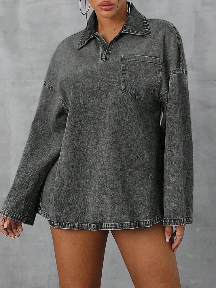 

Turn-down Collar Zipper Loose Denim Blouse Women's Spring Autumn Pockets Casual Streetwear Long-sleeved Tops New