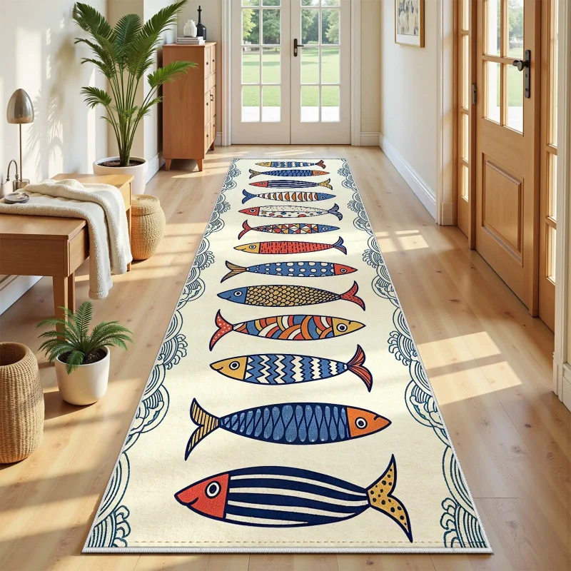 VIKAMA Mediterranean Cartoon Fish Runner Rug Nautical Wave Long Hallway Floor Mat Non Slip Washable Kitchen Entry Home Decor
