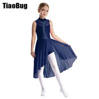 Kids Girls Chiffon Ballet Dress Sleeveless Mock Neck Cutout Back Side Split Asymmetrical Hem Sparkly Rhinestone Dance Dresses