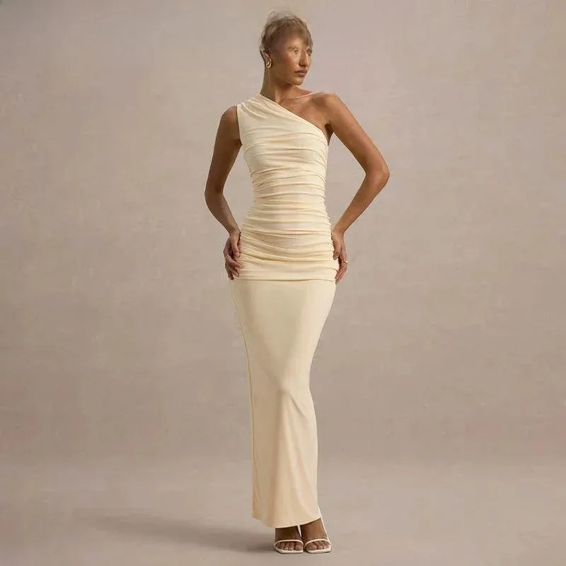 2025 جديد عصري سليم صالح oulder Dr للنساء مائل oulder ثوب مسائي الخصر Cinched تنورة طويلة عالية الخصر لا Sve اللون