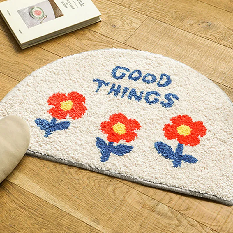 Semicircular Flower Bath Mat, Soft Fluffy Absorbent Floor Mat, Good Things Letter Print Non‑Slip Rug, Decorative Carpet For Bath