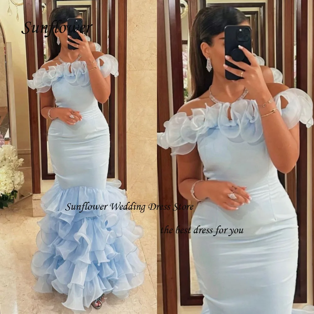 Sunflower Off the Shoulder Evening Dress 2023 Slim Backless Crepe Tiered Prom dress Short Sleeves Mermaid Floor-Lengt Pary Dress