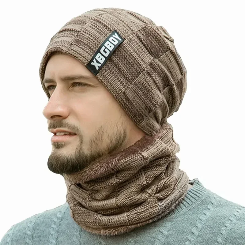 Gorro e cachecol forrado com lã masculina e feminina, chapéu grosso de malha quente, bonés masculinos, mais veludo, pulôver, crianças, inverno, 2 peças