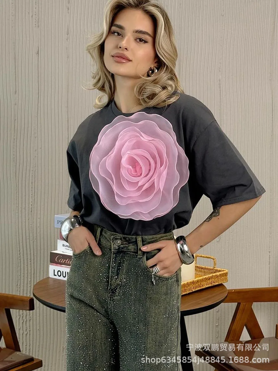 T shirt women 2026 fashion loose features three-dimensional mesh camellia pure cotton short-sleeved top tshirt women's clothing